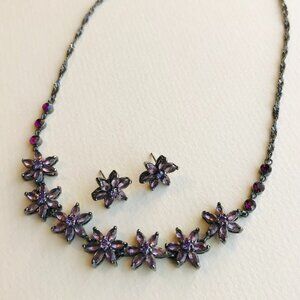 Vintage Dark Silver Necklace & Earrings Set w/ Faux Amethyst Flowers